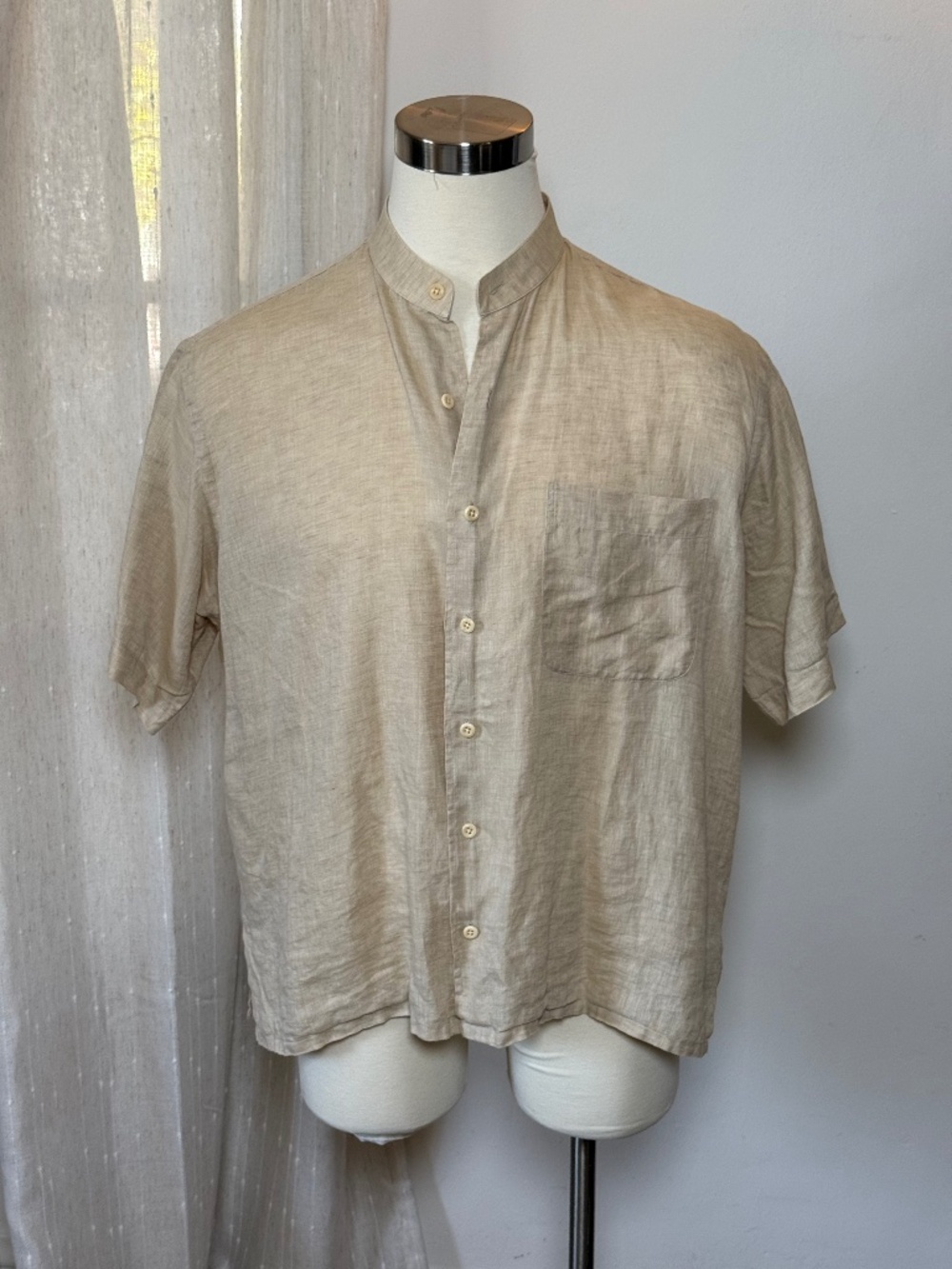 Maus & Hoffman 100% Linen Band Collar Shirt Beige Men's Large Resort